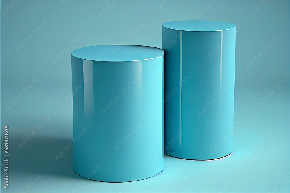 Two blue cylindrical podiums on a neutral background for product presentation in 3D rendering Two blue cylindrical podiums on a neutral background for product presentation in 3D rendering