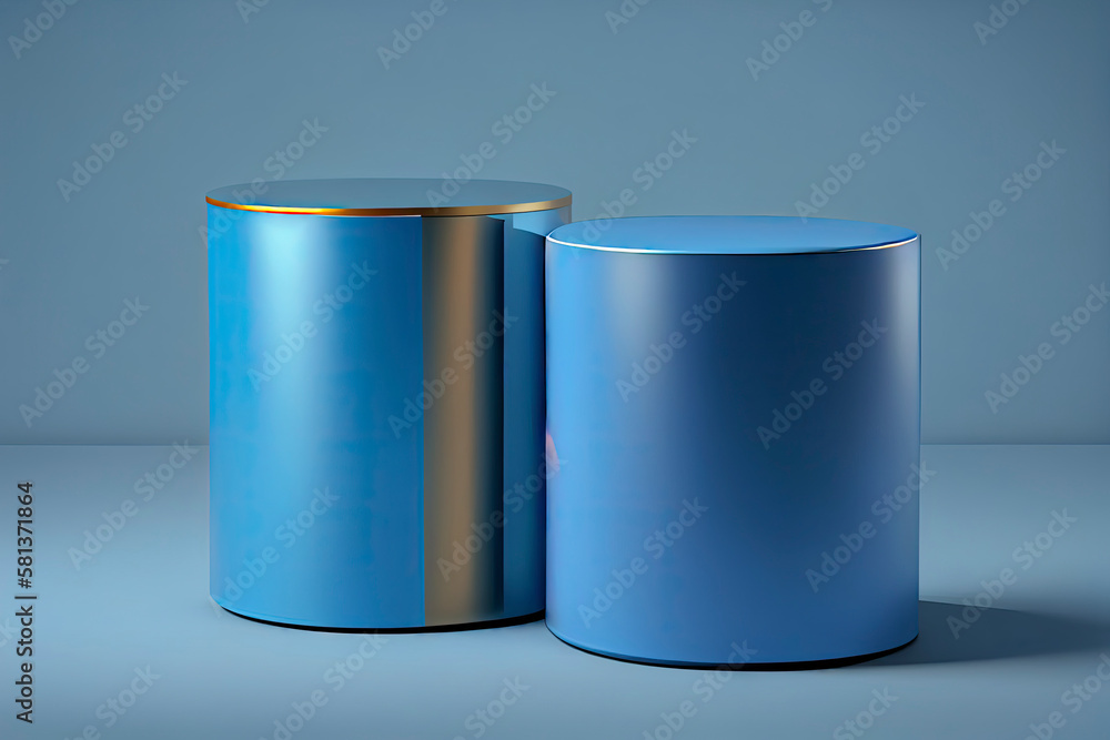 Two blue cylindrical podiums on a neutral background for product presentation in 3D rendering Two blue cylindrical podiums on a neutral background for product presentation in 3D rendering