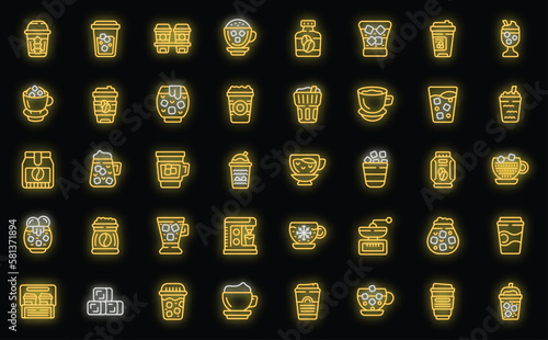 Cold coffee icons set outline vector. Milk americano. Cafe cup neon color on black isolated