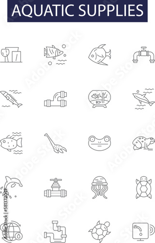 Aquatic supplies line vector icons and signs. aquatics, tanks, fish, supplies, pumps, filter, decorations, substrate outline vector illustration set photo