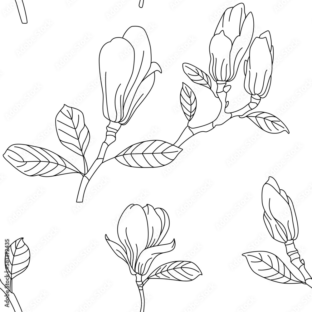 Magnolia seamless border pattern with branches and flowers. Ornament for wedding invitations or greeting cards Magnolia seamless border pattern with branches and flowers. Ornament for wedding invitations or greeting cards