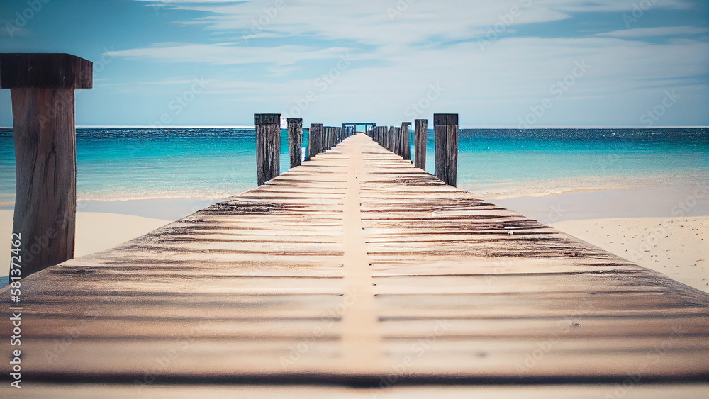 Fototapeta premium Summer, Wooden bridge on the tropical beach and blue sky with Generative AI.