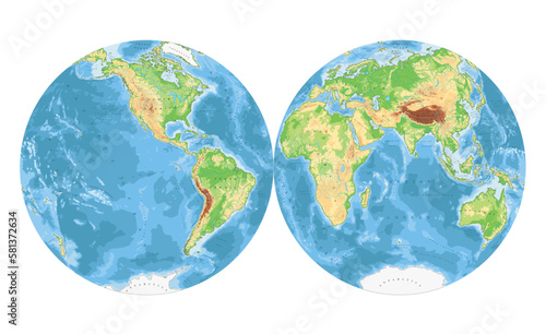 Highly detailed physical World Map in globe shape of Earth. Nicolosi globular projection – flat.