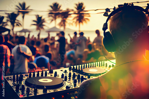 Dj mixing outdoor at beach party festival with crowd of people in background - Summer nightlife