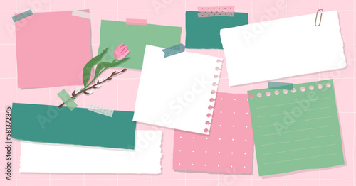 Collection of various notes paper. Banner with colorful sticky note, vector set in spring colors pink and green. Place for your text.