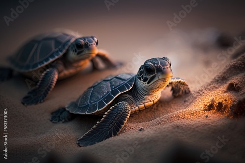 Endangered young baby turtles are being released at a beach in Sri Lanka in the warm evening sunlight as they struggle to make it to the ocean. Predators are more likely to attack newly hatched turtle