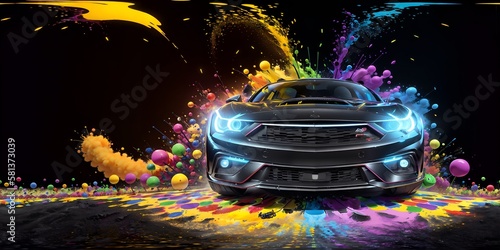 Color Wheels in Motion: A Kaleidoscopic Celebration of Car Design and Painting with Dynamic Splashart. 3d illustration. ai generative technology vr ready, virtualrealityart.
