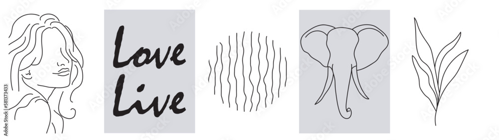 A collection of modern simple minimalistic abstractions of posters: a linear portrait of a woman, an elephant, a plant. Text: love, life. And a geometric shape (circle) on a white and gray background A collection of modern simple minimalistic abstractions of posters: a linear portrait of a woman, an elephant, a plant. Text: love, life. And a geometric shape (circle) on a white and gray background