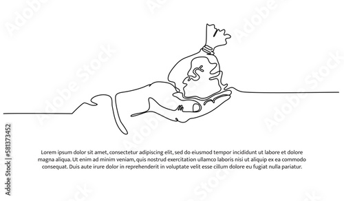 Continuous line design of hand holding money. Charity and helping others design concept. Decorative elements drawn on a white background.