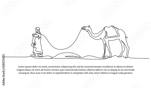 Continuous line design of man guiding camel with rope in desert. Islamic design concept. Decorative elements drawn on a white background.