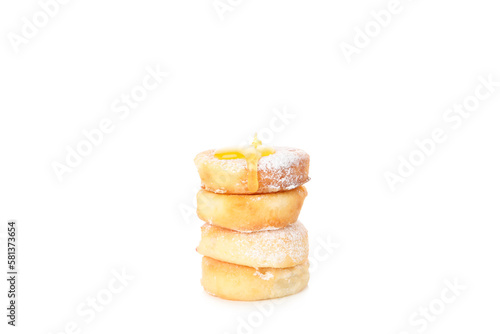 Concept of tasty sweet food, cheese pancakes, isolated on white background
