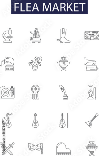 Flea market line vector icons and signs. Market, Shopping, Marketplace, Bargains, Deals, Sellers, Goods, Buyers outline vector illustration set