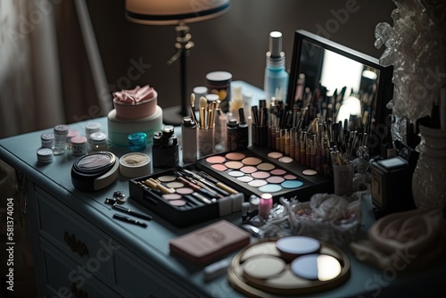 Make up products on a modern vanity table with a mirror surrounded.Generative AI
