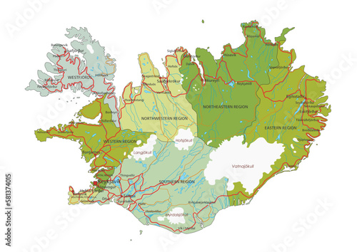 Highly detailed editable political map with separated layers. Iceland.
