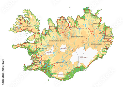 Highly detailed Iceland physical map with labeling.