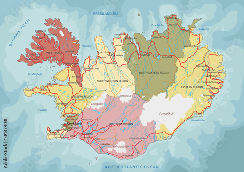 Iceland - Highly detailed editable political map with labeling.