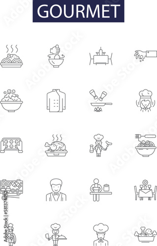 Gourmet line vector icons and signs. Cuisine, Epicurean, Epicure, Palatable, Dainty, Gourmand, Tasty, Flavorsome outline vector illustration set