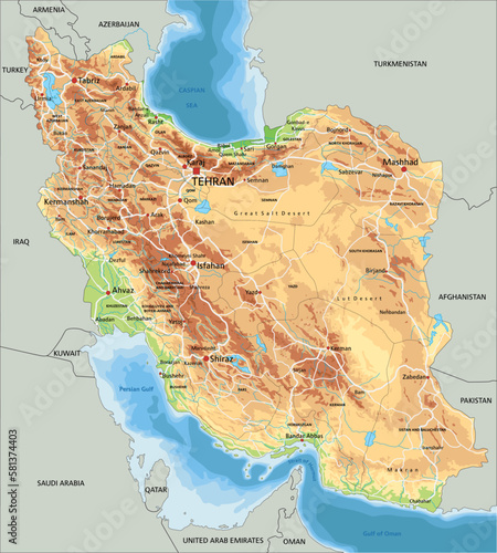High detailed Iran physical map with labeling.