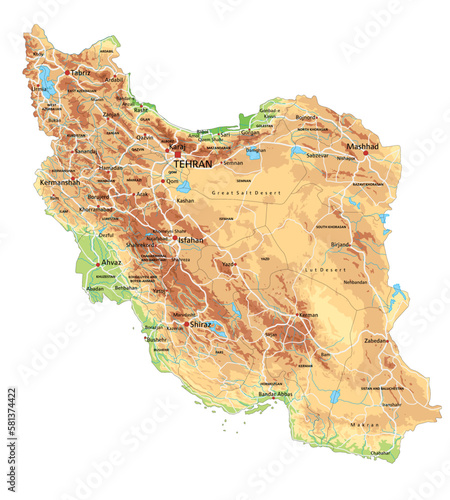 High detailed Iran physical map with labeling.