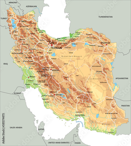 High detailed Iran physical map with labeling.