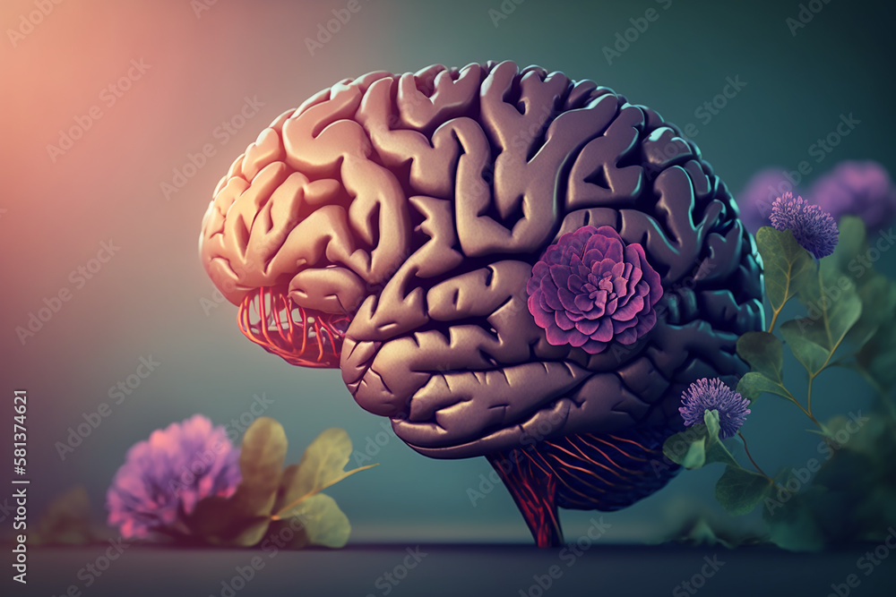 Render of a human brain with floral elements symbolizing creativity and mental wellness, suitable for health themes. Render of a human brain with floral elements symbolizing creativity and mental wellness, suitable for health themes.