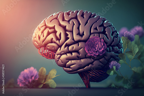 Render of a human brain with floral elements symbolizing creativity and mental wellness, suitable for health themes.