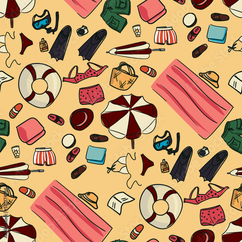 A pattern from a set of things on the beach with a sketch of Thiele with color. Simple details in contour style. Quick sketches of things, objects, clothes. Background of beach accessories in doodles photo