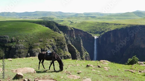 Rider's dark chestnut horse eats grass before deep gorge waterfall photo
