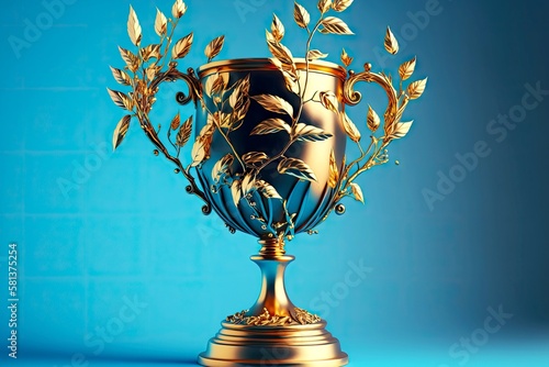 beaful winner's golden cup decorated with metal branches on blue background, created with generative ai photo