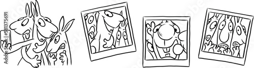 Cartoon illustration einer Gruppe jugendlicher Hasen, die bei einem Selfie vor der Smartphone Kamera alberne Grimassen für Polaroid Fotos machen photo