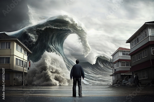 A man is looking at a huge approaching tsunami big wave. Disaster, Severe weather concept. Generative AI.