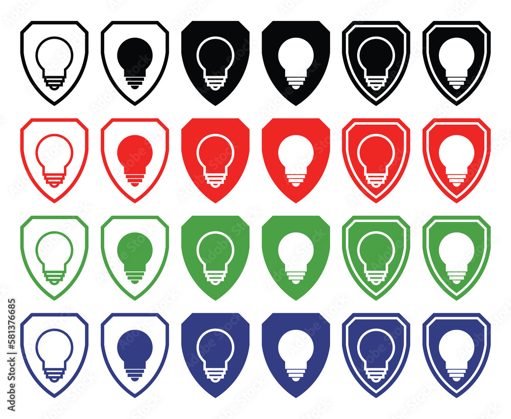 Shield icon set with light bulb icon, vector illustration for smartphone or web application. Shield icon set with light bulb icon, vector illustration for smartphone or web application.