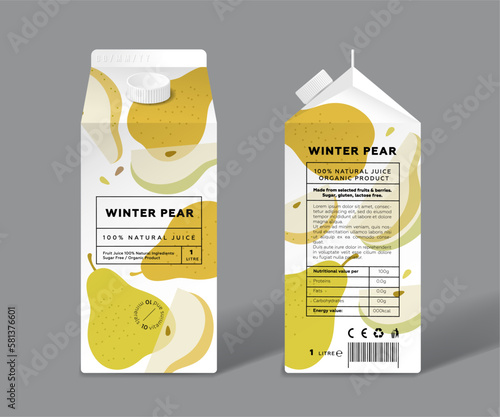 Pear juice. Template packaging design. Whole and cut transparent fruits.