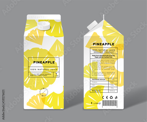 Pineapple juice. Template packaging design. Whole and cut transparent fruits.