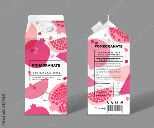 Pomegranate juice. Template packaging design. Whole and cut transparent fruits.