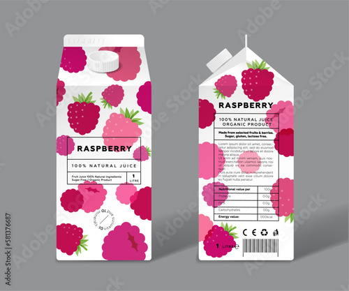 Raspberry juice. Template packaging design. Transparent berries.
