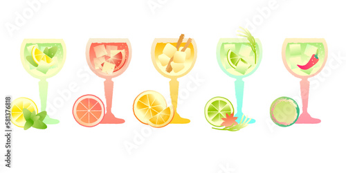 Alcoholic drinks set. Gin tonic with citrus fruits and ice cubes and different ingredients. Vector flat illustration with texture and gradient. Bright illustrations of alcoholic drinks