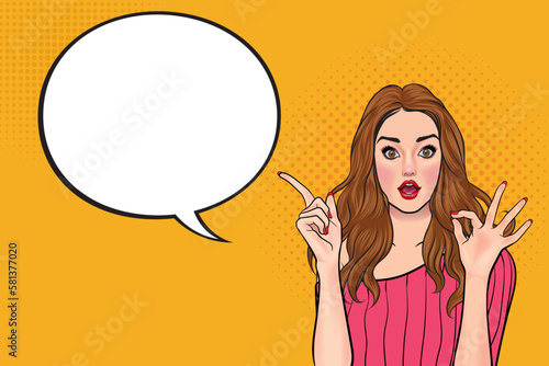 Pop art girl pointing female finger showing OK sign with speech bubble. Party invitation or birthday card with redhead girl in hollywood pink dress.