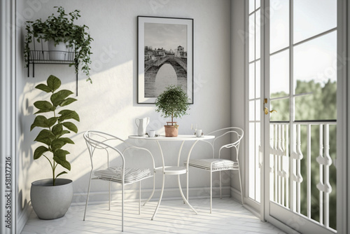Modern interior design of balcony with white furniture. Super photo realistic background  generative ai illustration