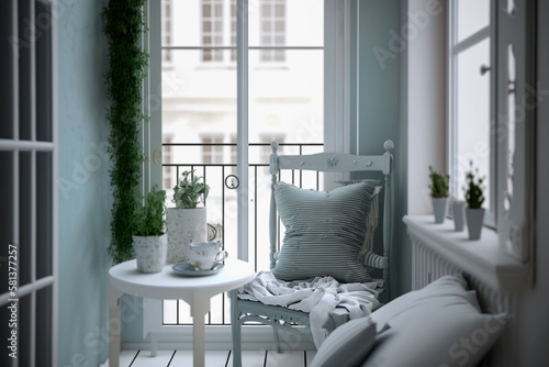 Modern interior design of balcony with white furniture. Super photo realistic background  generative ai illustration