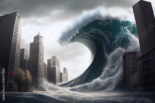 Tsunami with big wave going to hit a big city buildings. Generative AI. photo