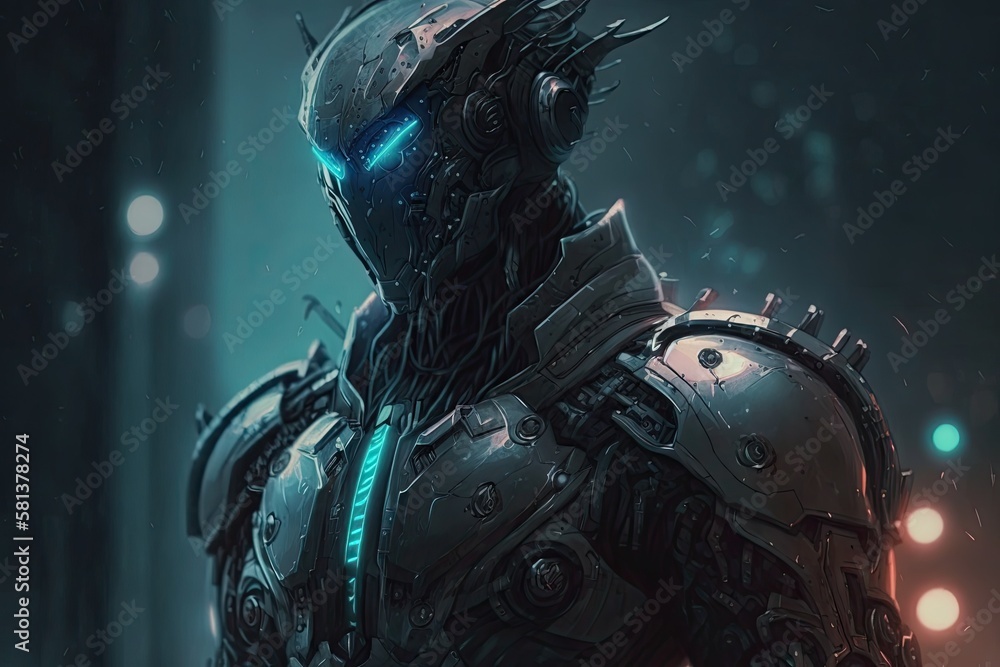 A realistic image of a cybersuit clad sci fi warrior. futuristic, high tech man from the future. the ideas of cyberpunk and virtual reality. . Illustration. Generative AI A realistic image of a cybersuit clad sci fi warrior. futuristic, high tech man from the future. the ideas of cyberpunk and virtual reality. . Illustration. Generative AI