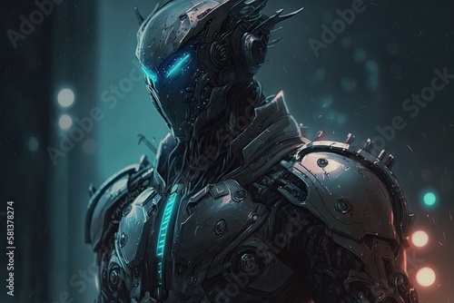 A realistic image of a cybersuit clad sci fi warrior. futuristic, high tech man from the future. the ideas of cyberpunk and virtual reality. . Illustration. Generative AI