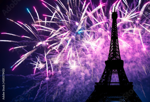 Celebratory colorful fireworks over the Eiffel Tower in Paris, France © Владимир Журавлёв