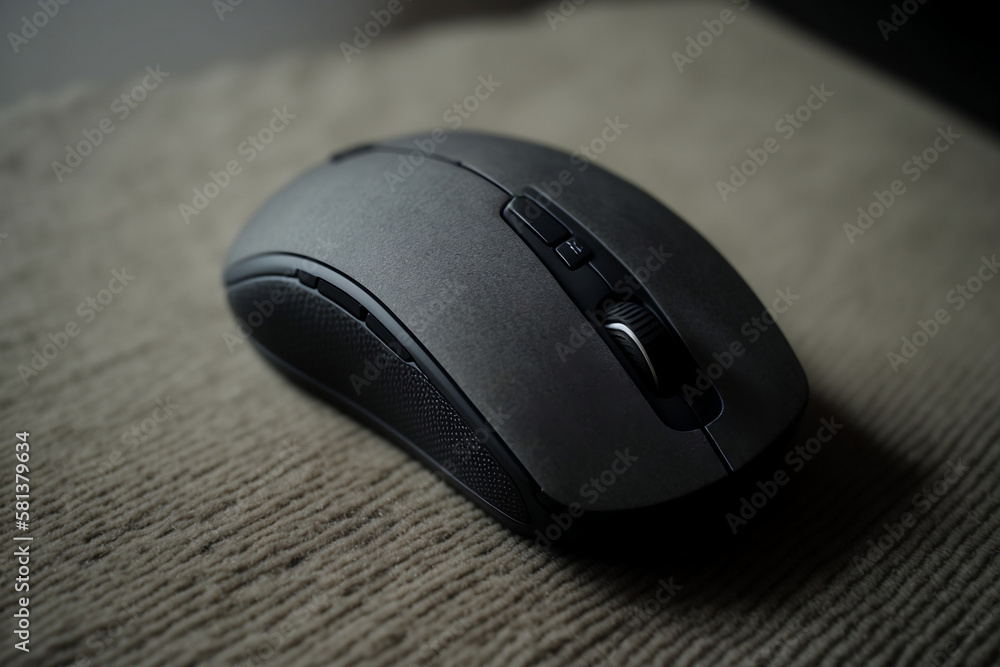 Black wireless computer mouse on a grey mousepad. The mouse has a simple design with two buttons and a scroll wheel. The mousepad has a smooth texture and a subtle pattern. Black wireless computer mouse on a grey mousepad. The mouse has a simple design with two buttons and a scroll wheel. The mousepad has a smooth texture and a subtle pattern.