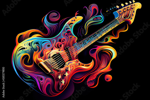 Surprising Illustration of an electric guitar with psychedelic colors. Generative Ai