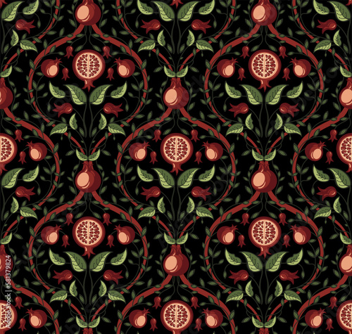 Oriental floral seamless pattern with pomegranate