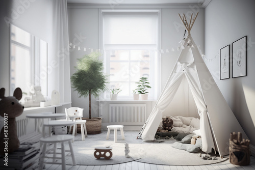 Modern interior of childrens room with white furniture and teepee. Super photo realistic background. Generative AI illustration
