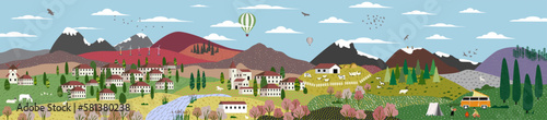 Nature and landscape. Panorama of beautiful countryside. Vector illustration of mountains, Trees, plants, fields and farms. Editable work for cover or card designs.