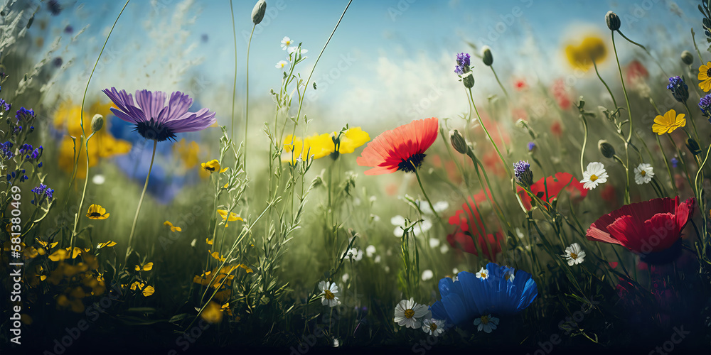 Illustration of a flower meadow in spring. Nature background. (Generative AI)
